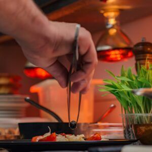 Chef adding finishing touch on dish , close-up.